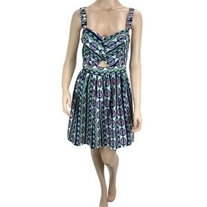 Band Of Gypsies Smocked Cutout Sun Dress Sz MED Blue Green Purple Abstract Print